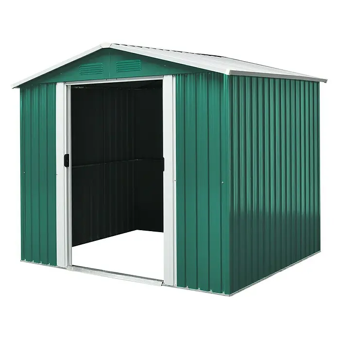 Pergart Gerätehaus Köln II - 236 cm, 174 cm, Stahl, Tanne, Creme - Grüner Metall-Gartenschuppen mit weißem Dach und Türrahmen bietet viel Stauraum für Gartengeräte und Werkzeuge.