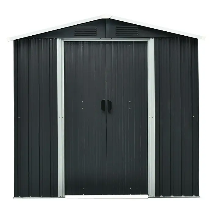 Pergart Gerätehaus Düsseldorf II - 194 cm, 110 cm, Stahl, Creme, Schiefergrau - Bild eines anthrazitfarbenen Metall-Gartenschuppens mit weißen Zierleisten und Doppeltür. Ideal zur Aufbewahrung von Gartengeräten und Werkzeug.