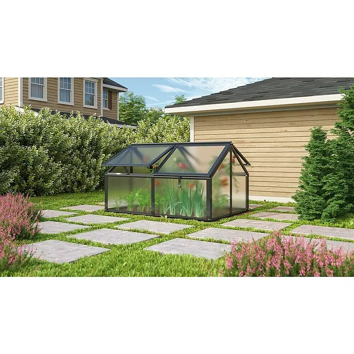 Vitavia Frühbeet Zola - 124,3 x 89 x 71,3 cm, Schwarz, Polycarbonat - Das Gewächshaus ist kompakt und ideal für kleine Gärten oder Terrassen. Es bietet Schutz und fördert das Wachstum der Pflanzen.