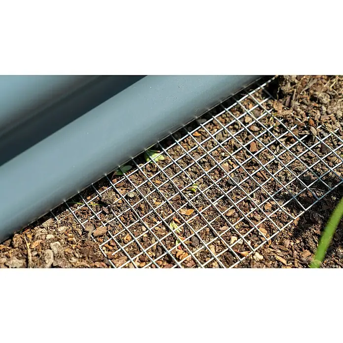 Vitavia Drahtgeflecht - 100 x 100 cm - Nahaufnahme eines galvanisierten Drahtgeflechts, das über einer Erdoberfläche mit Mulch liegt und durch ein graues Rohr teilweise bedeckt ist.