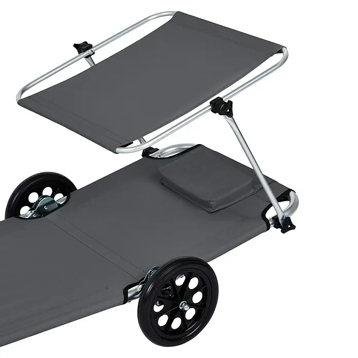 Campingliege - Castor Grey, Polyester, Rollbar - Graue Strandliege mit Rädern und Sonnendach. Ideal für Entspannung am Strand oder Pool mit praktischem Transport.