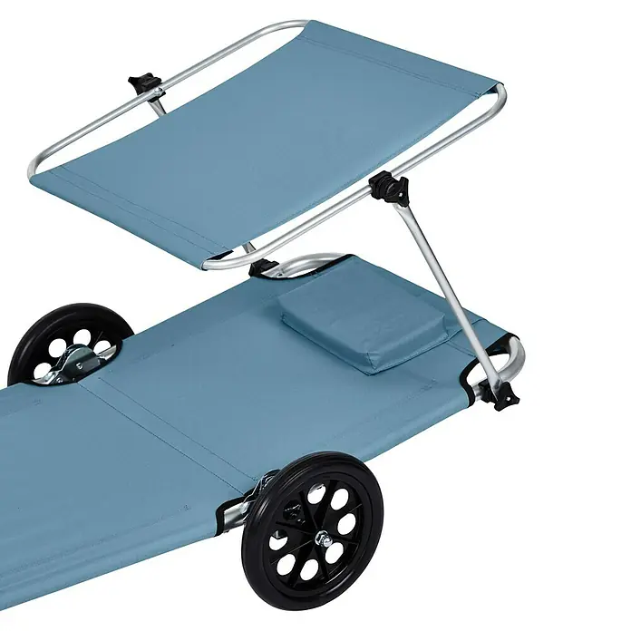 Campingliege - Ombre Blue, Polyester, Rollbar - Das blaue Strandbett mit Rädern und Sonnendach bietet Komfort und Schutz vor der Sonne, ideal für entspannte Tage am Strand.