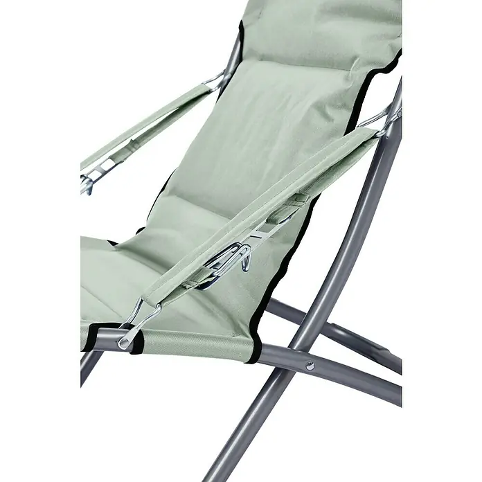 Campingstuhl - Desert Sage, Klappbar - Nahaufnahme eines hellgrünen Liegestuhls mit grauem Metallgestell und verstellbaren Armlehnen.