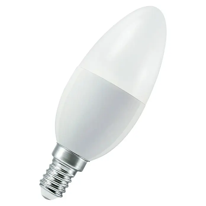 Ledvance Smart+ WiFi Smart-LED-Lampe Candle - E14, Dimmbar, Neutralweiß, 470 lm, 5 W, Farbtemperatur einstellbar: Stufen - Nahaufnahme einer LED-Kerzenlampe mit E14-Sockel, die sich ideal für dekorative Beleuchtung und energieeffiziente Lösungen eignet.