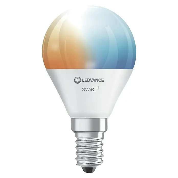 Ledvance Smart+ WiFi Smart-LED-Lampe Mini Bulb - E14, Dimmbar, Neutralweiß, 470 lm, 5 W, Farbtemperatur einstellbar: Stufen - Nahaufnahme einer LEDVANCE SMART+ LED-Lampe mit farbiger Lichtverteilung und E14-Sockel für smarte Beleuchtungslösungen.