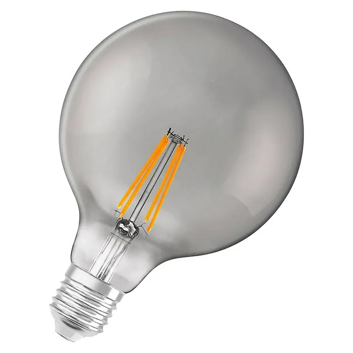 Ledvance Smart+ Bluetooth Smart-LED-Lampe Globe - E27, Dimmbar, Warmweiß, 600 lm, 6 W - Nahaufnahme einer dekorativen Vintage-LED-Lampe mit klarem Glaskörper und sichtbaren Filamenten.