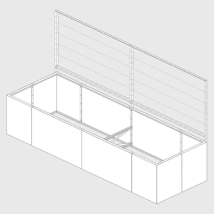 Palatino Rankhilfe - Cortenstahl, Passend für: Palatino Urban Hochbeet 3 m Länge, Höhe: 113 cm - Das Bild zeigt eine detaillierte Skizze eines Hochbeets mit integriertem Rankgitter, ideal für Gartenprojekte und Pflanzenliebhaber.