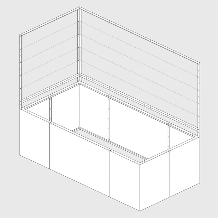 Palatino Rankhilfe - Cortenstahl, Passend für: Palatino Urban Hochbeet L-Form, Höhe: 113 cm - Skizze einer Kastenstruktur mit Paneelen. Das Design zeigt eine klare, einfache Ästhetik und vielseitige Anwendungsmöglichkeiten.