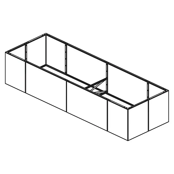 Palatino Hochbeet Urban - 300 x 50 x 70 cm, Stahl, Rostrot - Darstellung eines modularen Messestandes mit Rahmenstruktur und weißen Paneelen, ideal für Präsentationen.