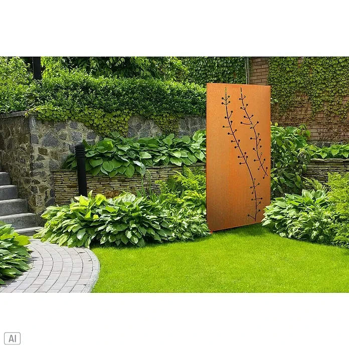 Palatino Space Vertical Sichtschutzelement Hortus - 87 x 180 cm, Rostrot - Eine rostige Gartenwand mit einem floralen Muster steht inmitten eines üppigen Gartens und setzt einen dekorativen Akzent.