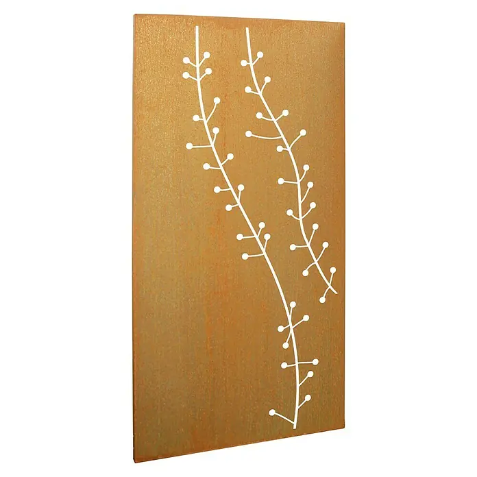 Palatino Space Vertical Sichtschutzelement Hortus - 87 x 180 cm, Rostrot - Holzbrett mit kleinen Löchern, die ein Sternbild darstellen, für dekorative Zwecke oder als Kunstprojekt geeignet.