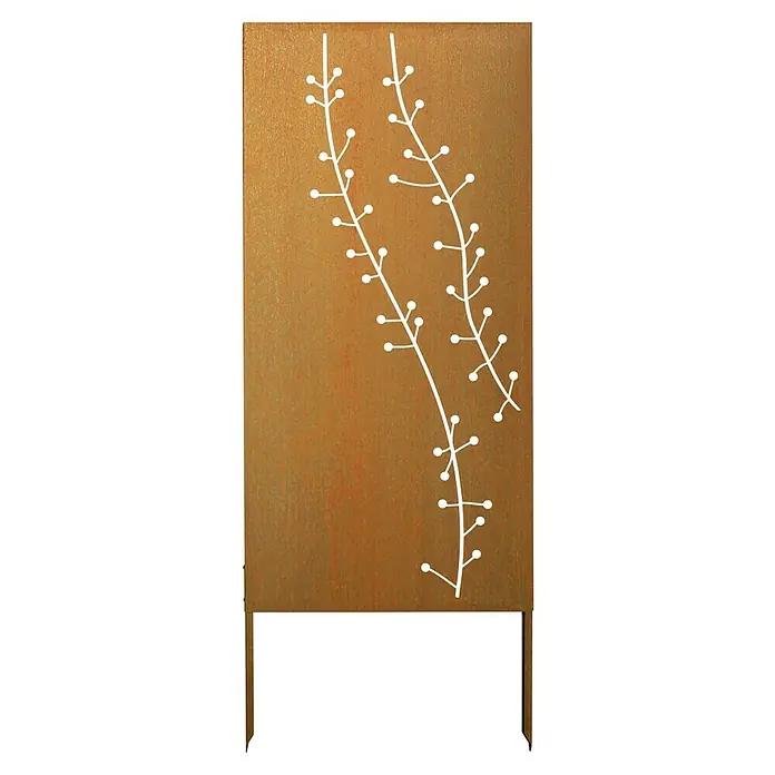 Palatino Space Vertical Sichtschutzelement Hortus - 87 x 180 cm, Rostrot - Ein detailreiches Foto einer perforierten Cortenstahlplatte, die auf einem goldenen Rahmen steht und ein rustikales, modernes Design präsentiert.
