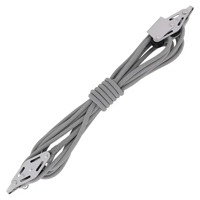 Sprenger Niederholer Talje - Länge: 5 m, Schotstärke: 6 mm, Bruchlast: 450 kg, Gleitlager - Graues, vorgespleißtes Dyneema-Tauwerk mit zwei Blöcken für Segelboote, ideal für dynamische Lasten und hohe Bruchlasten.