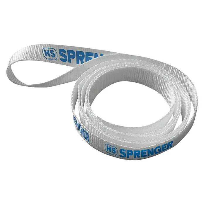 Sprenger Segeleinbinder - L x B: 2 m x 2,5 cm, 4 Stk. - Ein weißes HS Sprenger Halsband für Hunde liegt auf einem schwarzen Hintergrund.