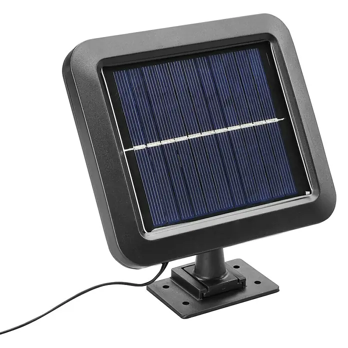 BAUHAUS Solar-Außenwandleuchte - 3 W, Schwarz, IP44, 300 lm - Nahaufnahme eines kleinen Solarpanels mit schwarzem Rahmen und Montagefuß auf schwarzem Hintergrund, das Sonnenenergie in Strom umwandelt.