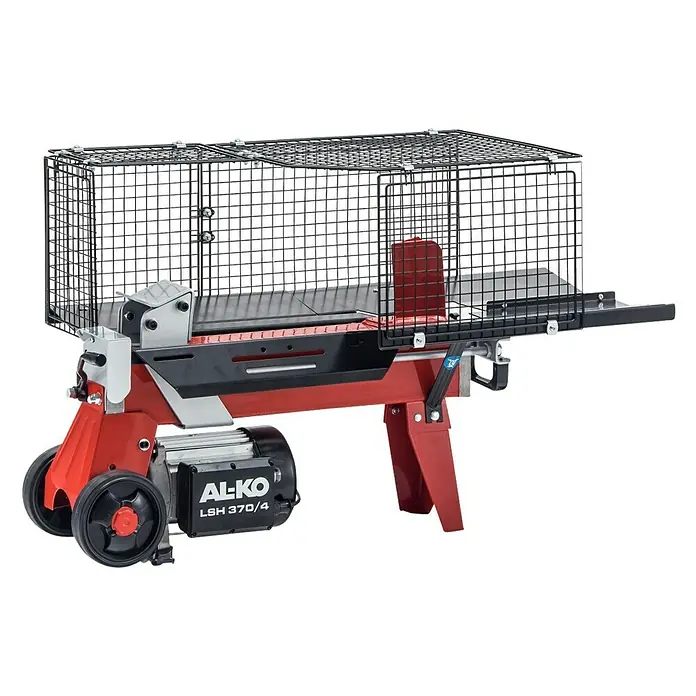 AL-KO Easy Holzspalter LSH 370/4 - 1.500 W, 4 t, Max. Spaltgutlänge: 37 cm - Das Bild zeigt einen AL-KO LSH 370/4 Holzspalter mit Schutzgitter, der für den sicheren und effizienten Gebrauch konzipiert ist.