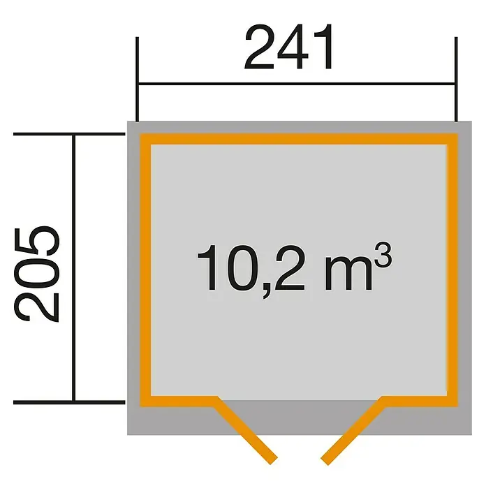 Weka Gartenhaus 218 - Außenmaß inkl. Dachüberstand (B x T): 260 x 239 cm, Holz, Anthrazit/Weiß, 4,941 m² - Abbildung der Abmessungen eines rechteckigen Produkts. Die Maße sind 241 x 205 cm und das Volumen beträgt 10,2 m³.