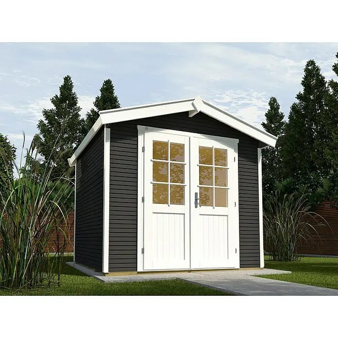 Weka Gartenhaus 218 - Außenmaß inkl. Dachüberstand (B x T): 260 x 239 cm, Holz, Anthrazit/Weiß, 4,941 m² - Gartenschuppen mit Doppeltür. Das Gartenhaus hat eine dunkelgraue Fassade und weiße Türrahmen mit Sprossenfenstern.