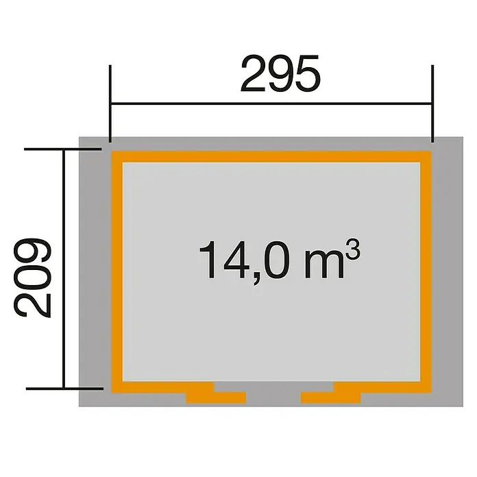 Weka Gerätehaus 228 - 241 x 344 cm, Holz, 6,343 m², Wandstärke: 21 mm - Grundrisszeichnung eines Hauses mit den Maßen 295 x 209 und einem Volumen von 14,0 m³.