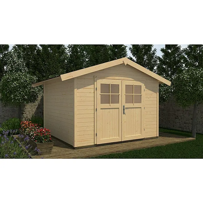 Weka Gartenhaus 122 - Holz, Natur, Grundfläche: 6,17 m² - Holzgartenhaus mit Doppeltür, umgeben von üppigem Grün, ideal für die Gartenaufbewahrung. Das naturbelassene Holz fügt sich perfekt in den Garten ein.
