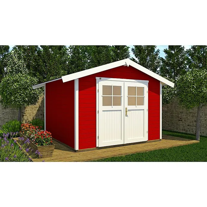 Weka Gartenhaus 122 - Holz, Schwedenrot/Weiß, Grundfläche: 7,074 m² - Roter Holzschuppen mit weißen Akzenten und Doppeltür, umgeben von Grün. Ideal zur Gartenaufbewahrung.