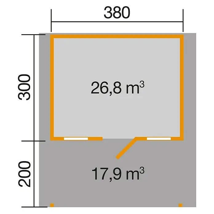Weka Gartenhaus 110 - Außenmaß inkl. Dachüberstand (B x T): 460 x 514 cm, Holz, Natur, Mit Vordach - Grundrisszeichnung eines Gebäudes mit den Maßen 380 x 500 und Volumenangaben von 26,8 m³ und 17,9 m³.