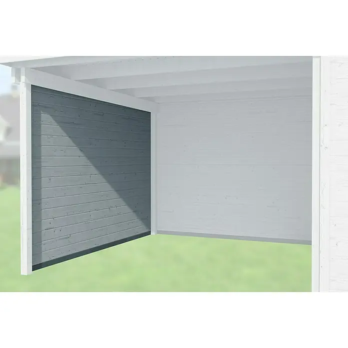Weka Seitenwand - Grau, Breite: 295 cm, Passend für: Weka Gartenhäuser Designhaus 126 & 172 mit Anbautiefe 295 cm - Diese Aufnahme zeigt eine stilvolle Holzkonstruktion, die sich ideal für Carports oder Terrassen eignet. Das Holz ist in zwei Farben gestrichen: Grau und Weiß.