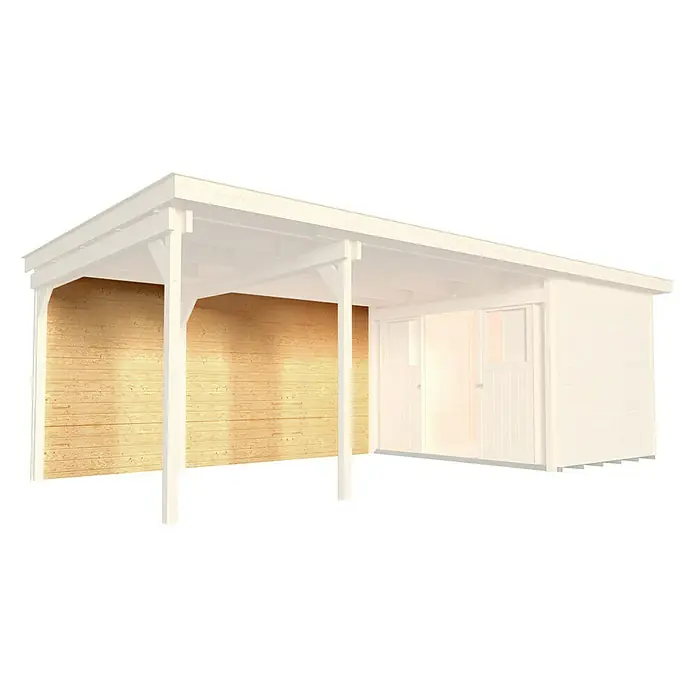 Weka Rückwand für Anbau 150 cm - Natur, Passend für: Weka Gartenhäuser Designhaus 126 A & 172 A - Eine weiße Holzgarage mit offenem Unterstand, ideal für Autos oder Gartengeräte, vor einem schwarzen Hintergrund.