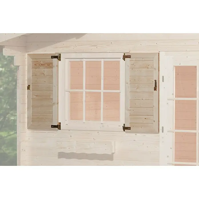 Weka Fensterladen zweiseitig - Passend für: Fenster B x H: 91 x 91 cm, Natur - Hölzerne Fensterläden an einem Blockhausfenster, die rustikalen Charme und Privatsphäre bieten. Sie ergänzen die natürliche Ästhetik der Holzfassade.