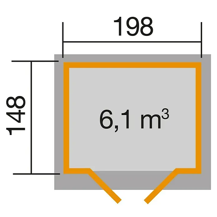 Weka Gerätehaus 325 - Holz, 2,949 m², Wandstärke: 19 mm - Schematische Darstellung eines rechteckigen Raumes mit den Maßen 198 x 148 und einem Volumen von 6,1 m³.