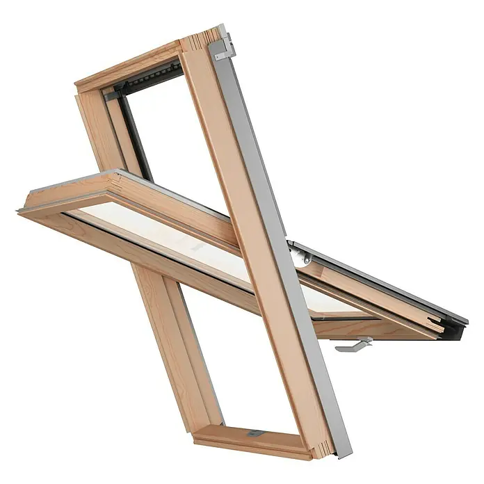 Solid Elements Dachfenster Safe - 55 x 98 cm - Nahaufnahme eines VELUX-Schwingfensters aus Holz mit Aluminiumverkleidung, das teilweise geöffnet ist. Das Fenster ist auf einem schwarzen Hintergrund zu sehen.