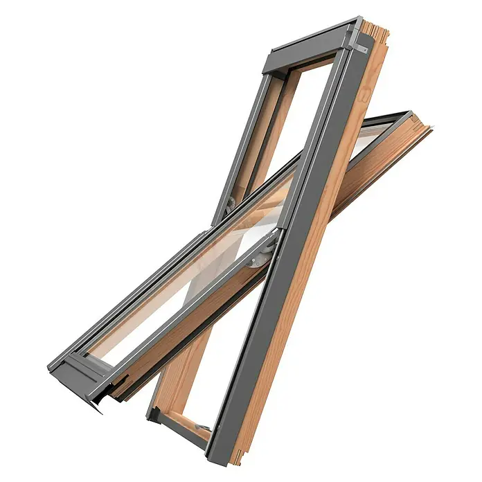 Solid Elements Dachfenster Basic - 78 x 118 cm - Ein detailliertes Bild eines modernen Dachfensters, das Design und Funktionalität vereint. Das Fenster ist aus Holz und Grau gefertigt.