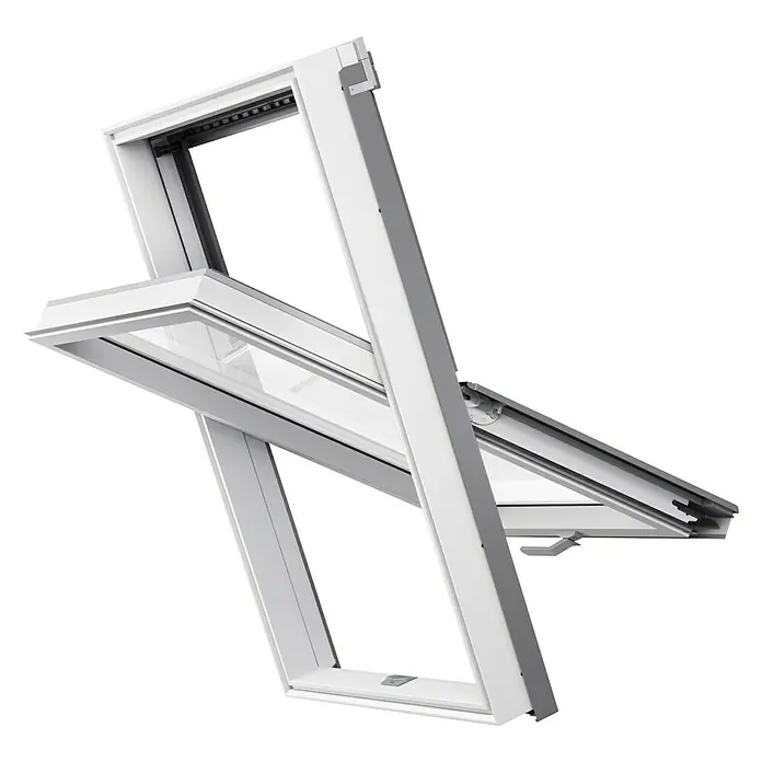 Solid Elements Dachfenster Pro Safe - 78 x 118 cm - Dieses Bild zeigt ein Dachfenster, das einen Blick auf seine robuste Bauweise und sein elegantes, weißes Design ermöglicht. Ideal für Dachausbau.