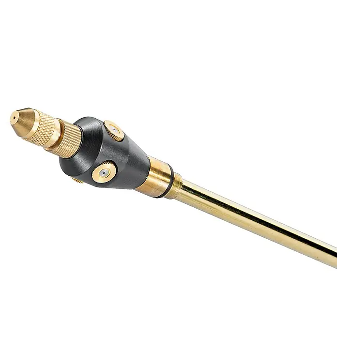 Gloria Sprühaufsatz 270° Pflanzenschutz Set Anti-Zünsler - Passend für: Gloria Drucksprühgeräte 3 - 18 l - Nahaufnahme einer goldenen Sprühdüse mit schwarzem Mittelteil, ideal für Gartenarbeiten und Pflanzenschutz.