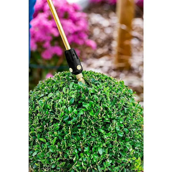 Gloria Sprühaufsatz 270° Pflanzenschutz Set Anti-Zünsler - Passend für: Gloria Drucksprühgeräte 3 - 18 l - Nahaufnahme eines Topiary-Busches, der mit einem Sprühgerät behandelt wird. Das Sprühgerät ist goldfarben mit einem schwarzen Kopf.