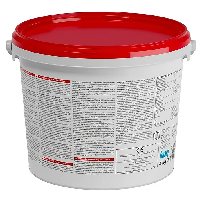 Knauf Rotband Flächenspachtel Plus - 4 kg - Knauf Rotband Plus Flächenspachtel: Ein vielseitiger, gebrauchsfertiger Flächenspachtel für glatte Oberflächen im Innenbereich, 4 kg Eimer.