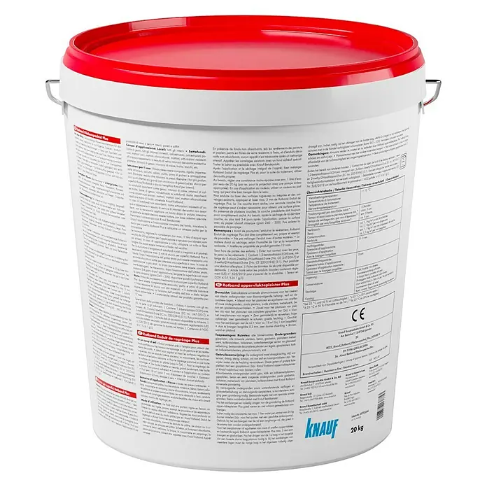 Knauf Rotband Flächenspachtel Plus - 20 kg - Ein Eimer Rotband Flächenspachtel Plus, eine gebrauchsfertige Spachtelmasse für den Innenbereich, mit rotem Deckel und Knauf-Logo.