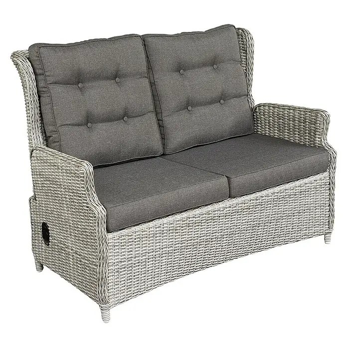 Sunfun Pauline Gartenmöbel-Set - 5 -tlg., Baumkante 220 cm / X-Gestell & Sofa, Teak/Edelstahl/Polyrattan, Teak/Grau - Elegantes graues Rattansofa mit weichen Kissen für entspannte Stunden im Freien. Gemütliches Design mit Knopfdetails.