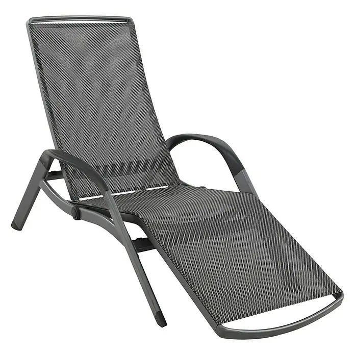 Sunfun Maja Gartenliege - L x B: 167 x 75 cm, Metall, Schwarz - Eine graue Sonnenliege mit verstellbarer Rückenlehne und Armlehnen, ideal für den Garten oder die Terrasse. Die Liege ist modern und komfortabel.