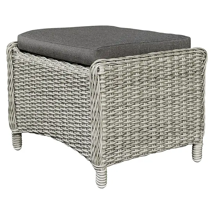 Loungemöbel-Set Pauline - 2 -tlg., Polyrattan, Aluminium, Bambusgrau - Hocker aus Rattan mit grauem Kissen, ideal für den Garten oder die Terrasse. Komfort und Stil vereint in diesem Outdoor-Möbelstück.