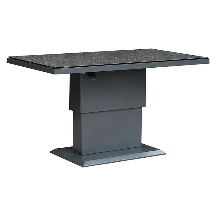 Sunfun Garten-Couchtisch Maja Lift - L x B x H: 130 x 75 x 74 cm, Anthrazit - Grauer, höhenverstellbarer Tisch mit rechteckiger, dunkler Tischplatte auf schwarzem Hintergrund. Robustes Design für vielseitige Nutzung.