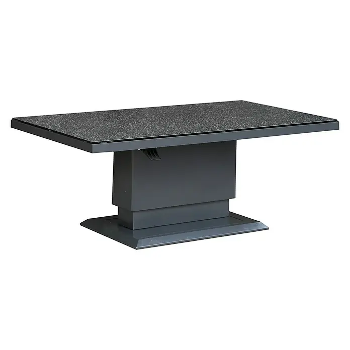 Sunfun Garten-Couchtisch Maja Lift - L x B x H: 130 x 75 x 74 cm, Anthrazit - Das Bild zeigt einen modernen, rechteckigen Esstisch mit einer dunklen Tischplatte und einem grauen, blockartigen Fuß auf schwarzem Hintergrund.