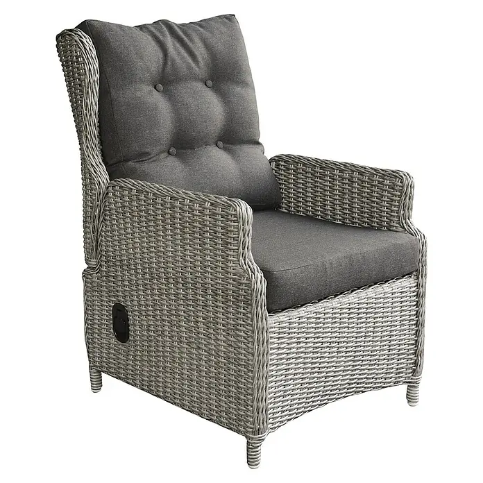 Sunfun Pauline Gartenmöbel-Set - 5 -tlg., Baumkante 220 cm / X-Gestell & Sofa, Teak/Edelstahl/Polyrattan, Teak/Grau - Grauer Korbsessel mit Rückenlehne und Sitzkissen, ideal für den Garten oder die Terrasse. Stilvoll und bequem.
