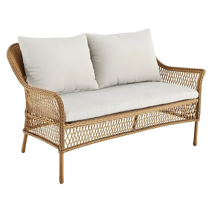 Sunfun Loungemöbel-Set Sophie - 2 -tlg., Aluminium, Kunststoffgeflecht, Naturbraun - Elegante Korbcouch mit hellen Kissen. Das Sofa besticht durch seine feine Verarbeitung und lädt zum Entspannen im Innen- und Außenbereich ein.