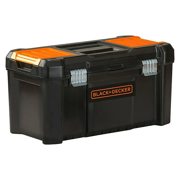 Black+Decker Taladro atornillador percutor de batería BDCHD181B - 18 V, 3 baterías, 1,5 Ah, 40 Nm - Caja de herramientas negra y naranja Black+Decker con cierres plateados. Perfecta para guardar y organizar herramientas.