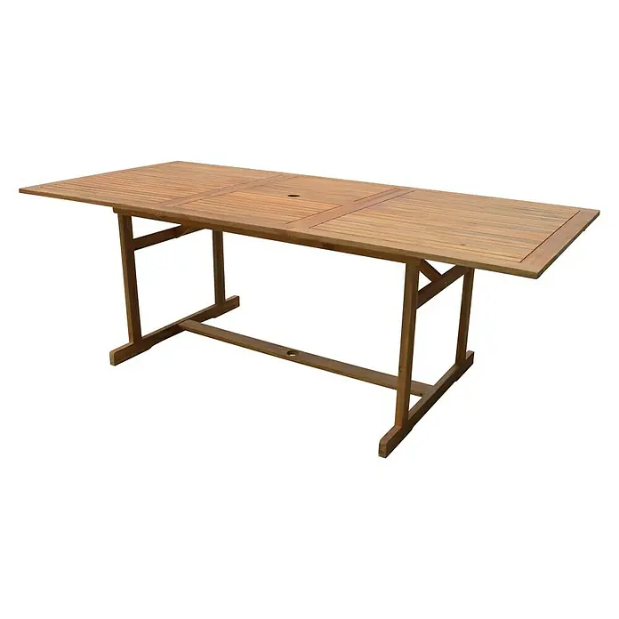 Mesa de jardín Debora - L x An x Al: 180 x 100 x 75 cm, Acacia, Natural, Extensible - Mesa de comedor de exterior color madera con tablero de listones lisos, un agujero central, patas robustas y diseño moderno.