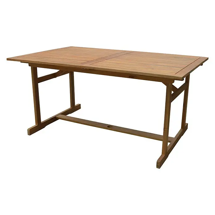Mesa de jardín Debora - L x An x Al: 180 x 100 x 75 cm, Acacia, Natural, Extensible - Una mesa de patio rectangular de madera sobre un fondo negro.