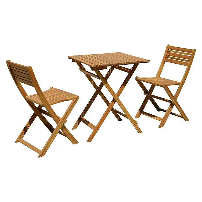 Conjunto de muebles de balcón Bristol - 3 pzs., Madera de acacia, Marrón - Conjunto de bistró de madera con una mesa cuadrada y dos sillas plegables. Ideal para balcones o jardines, creando un lugar acogedor al aire libre.