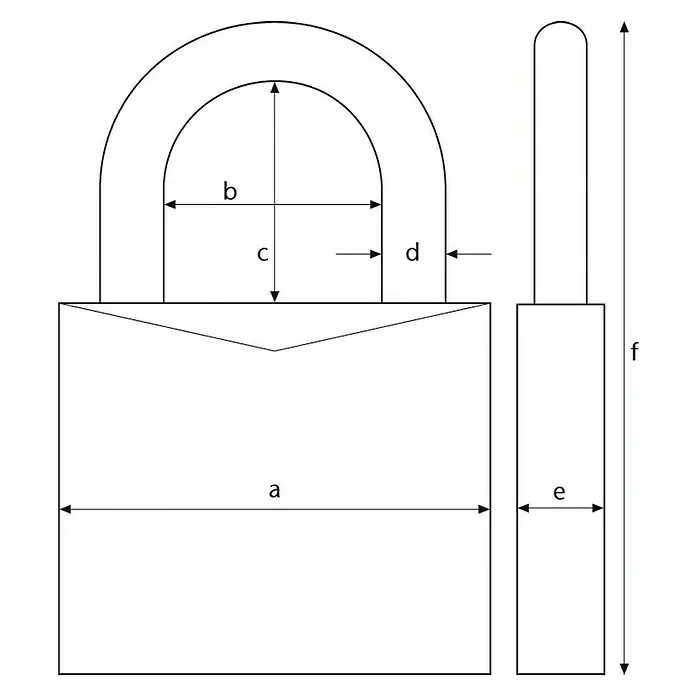 Abus Vorhängezahlenschloss 180IB/50 HB63 - B x L: 52 x 24 mm, Messing, Anzahl Zahlenrollen: 4 Stk., Messing - Abbildung eines Vorhängeschlosses mit den Maßen a, b, c, d, e und f, die seine Größe und Proportionen veranschaulichen.