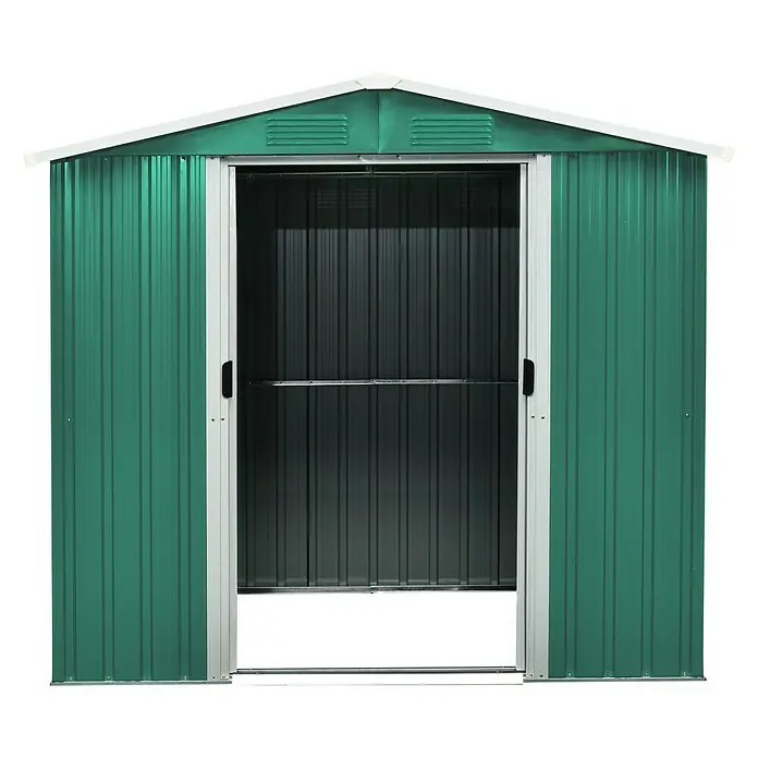 Pergart Gerätehaus Köln II - 194 cm, 131 cm, Stahl, Tanne, Creme - Abbildung eines grünen Metall-Gartenschuppens mit offenem Schiebetüren. Der Schuppen hat ein weißes Dach und Lüftungsschlitze.